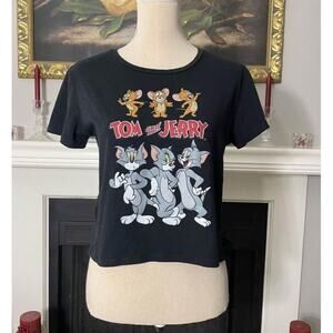 Tom & Jerry Cropped Top T Shirt Novelty Graphic Print Black Womens Juniors Large
